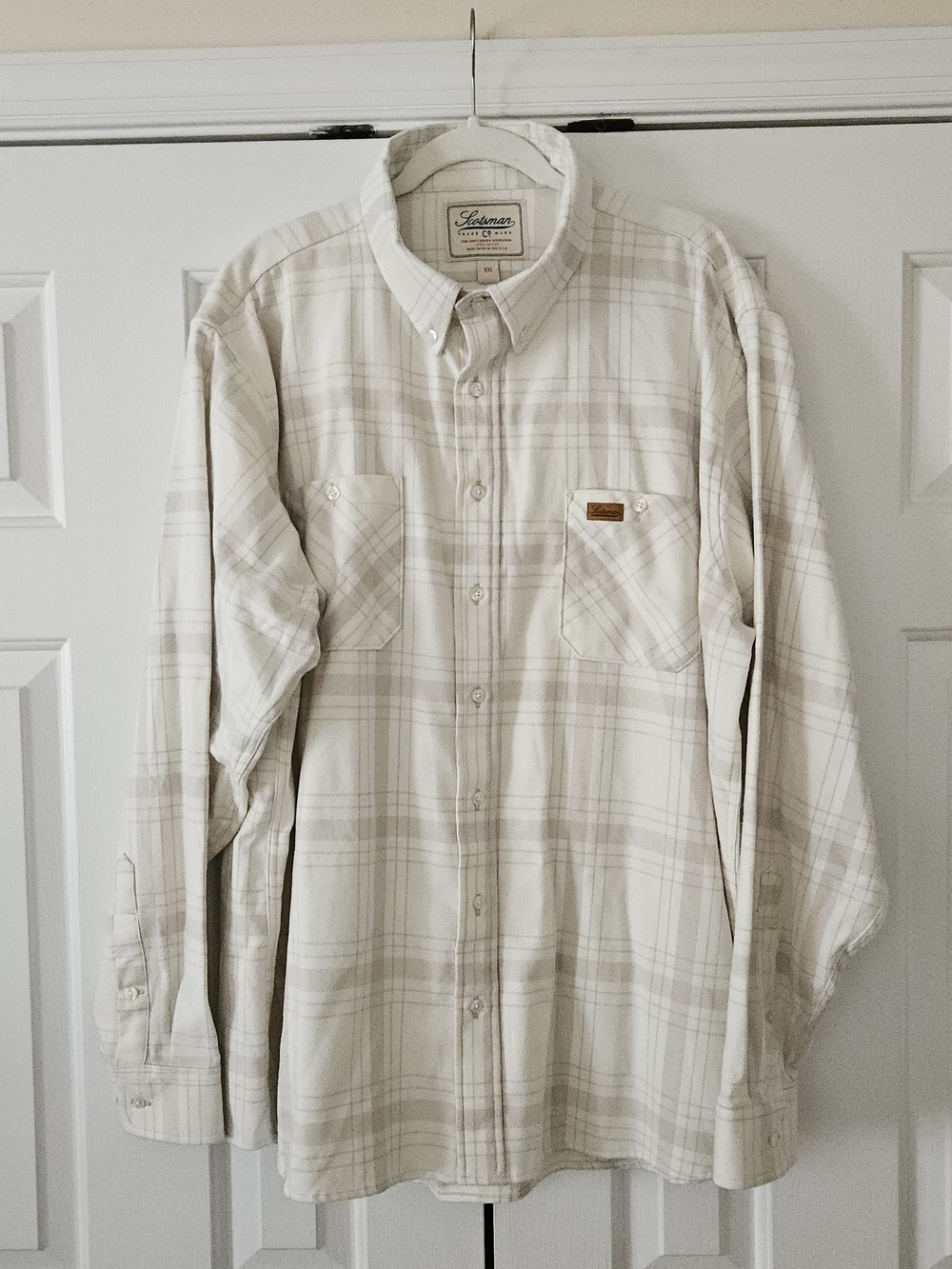 Scotsman Flannel Shirt Men’s XXL White/Beige Plaid Button Down Hand Sewn in USA.